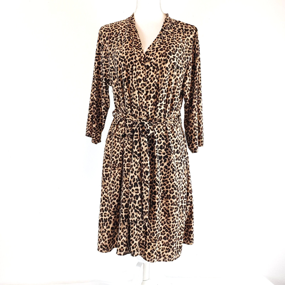Rene Rofe SIZE L Brown Cheetah Animal Print 3/4 Sleeve Tie Sleepwear Short Robe